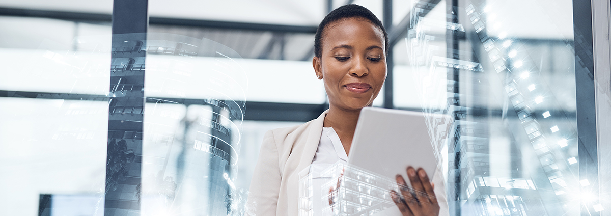 Multiple exposure shot of a mature businesswoman using a digital tablet in a boardroom superimposed on a cityscape